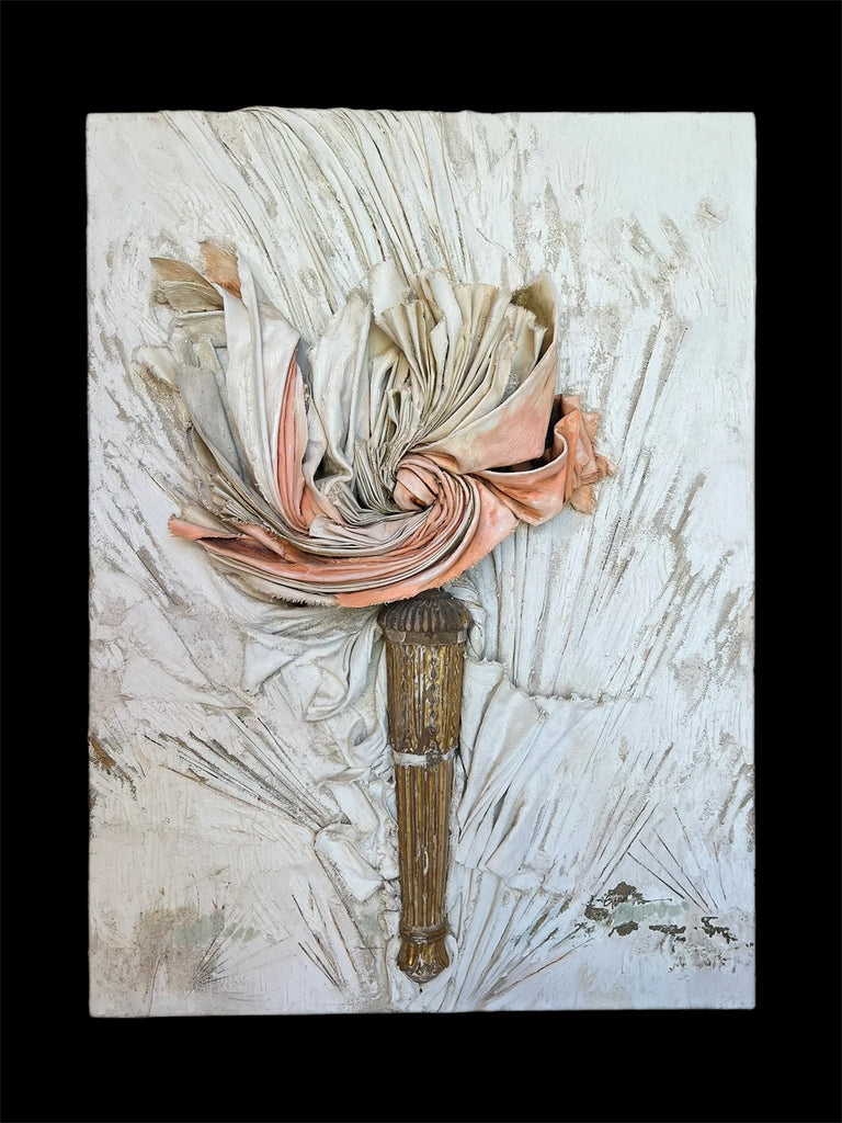 Sculpted canvas, Italian giltwood fragment, oils, ash, and raw opals on board