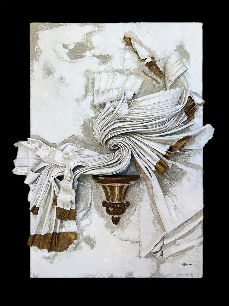 Plaster, sculpted canvas, gesso, Italian giltwood fragment, oils, and gilding wax on board.
