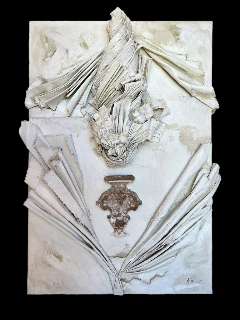 Sculpted canvas, Florence Flood giltwood fragment, oils, and ash on board.